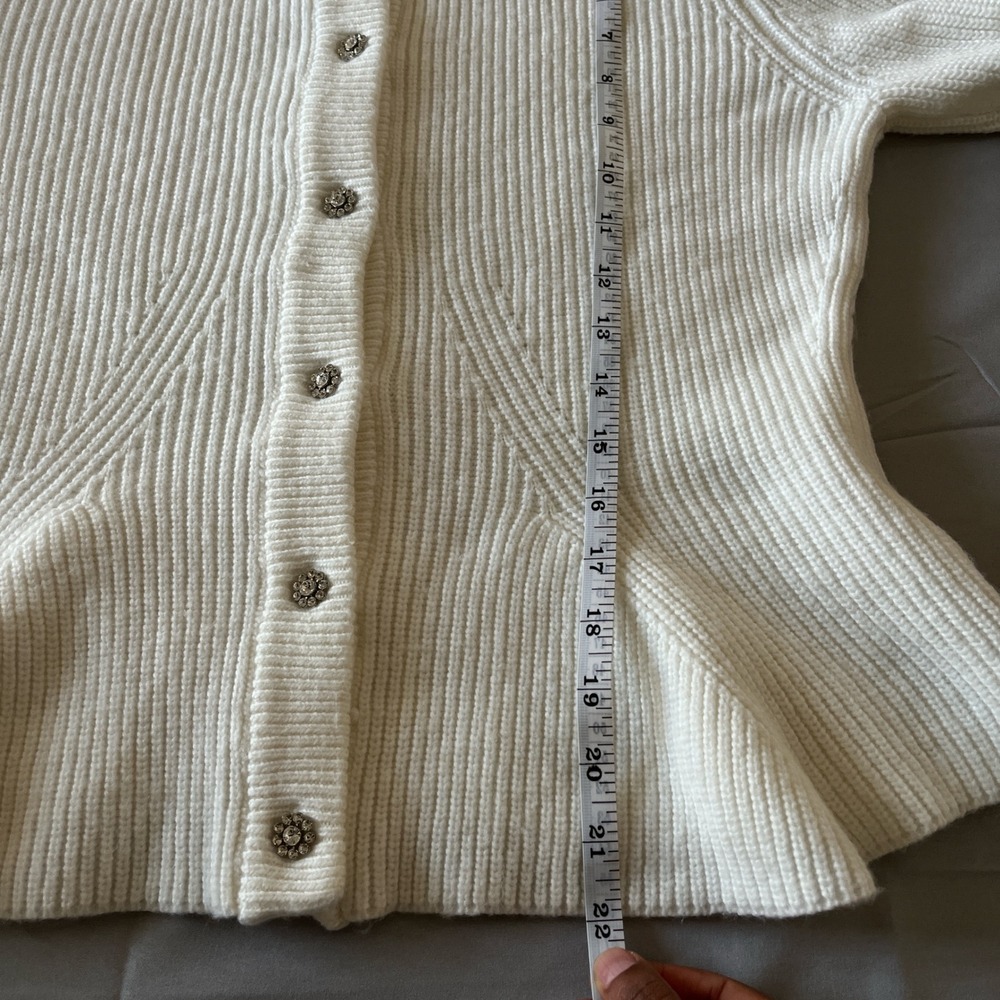 Sam Edelman White Peplum Cardigan Rhinestone Button Coquette Sweater Size M - Picture 10 of 10